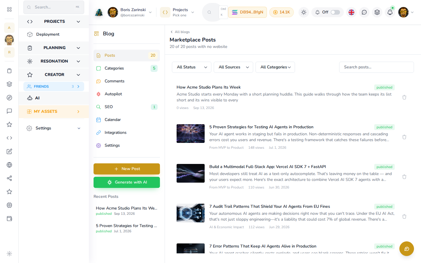 The blog post list with draft and published content