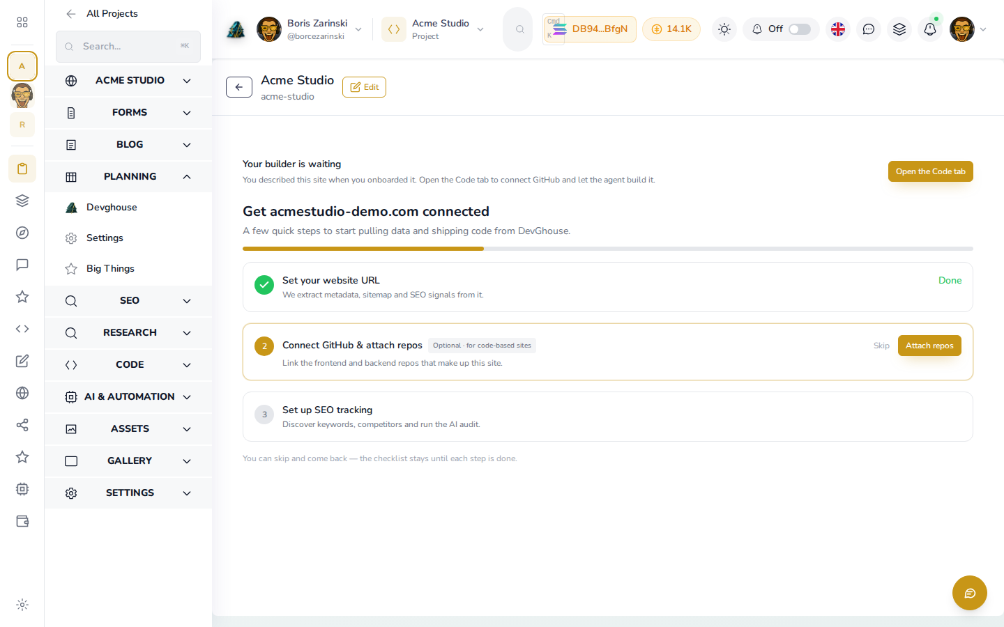 A website connection checklist in the dashboard