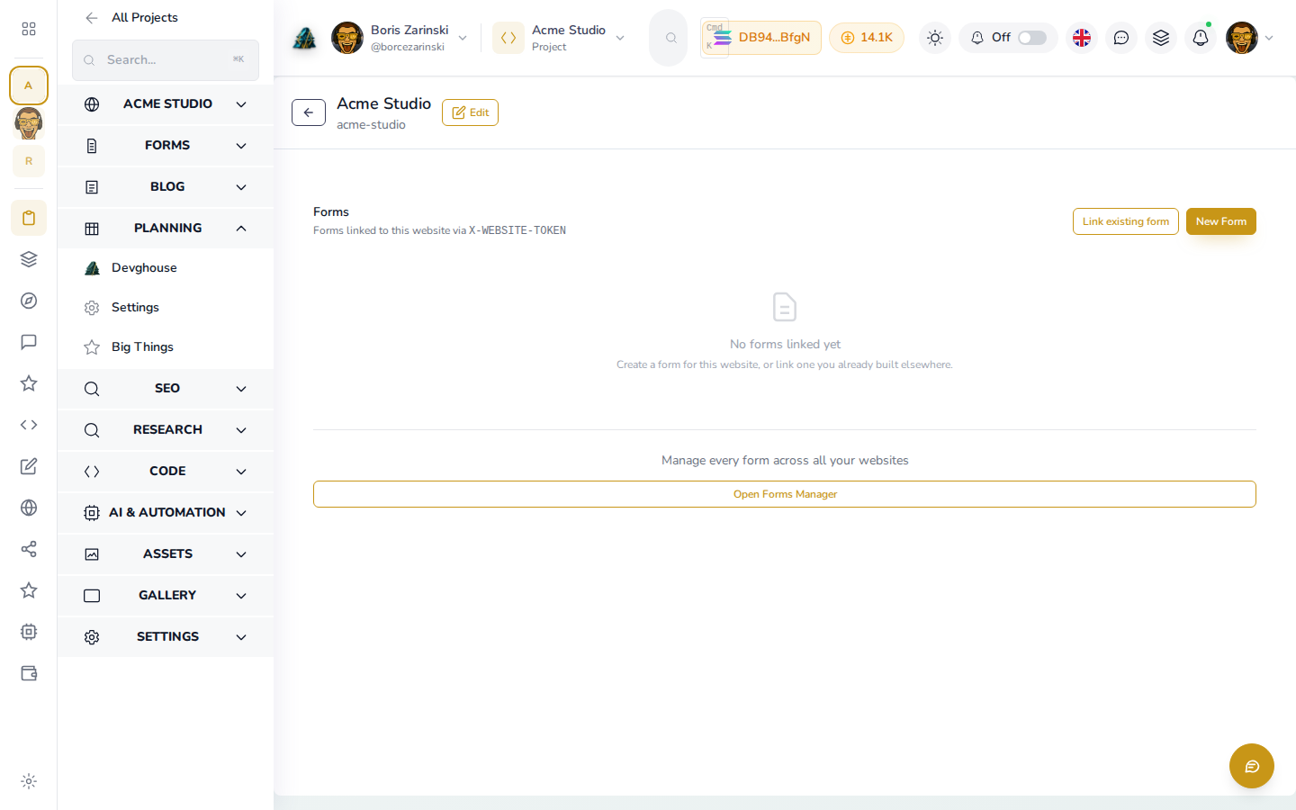 The Forms section with a submission inbox for a website