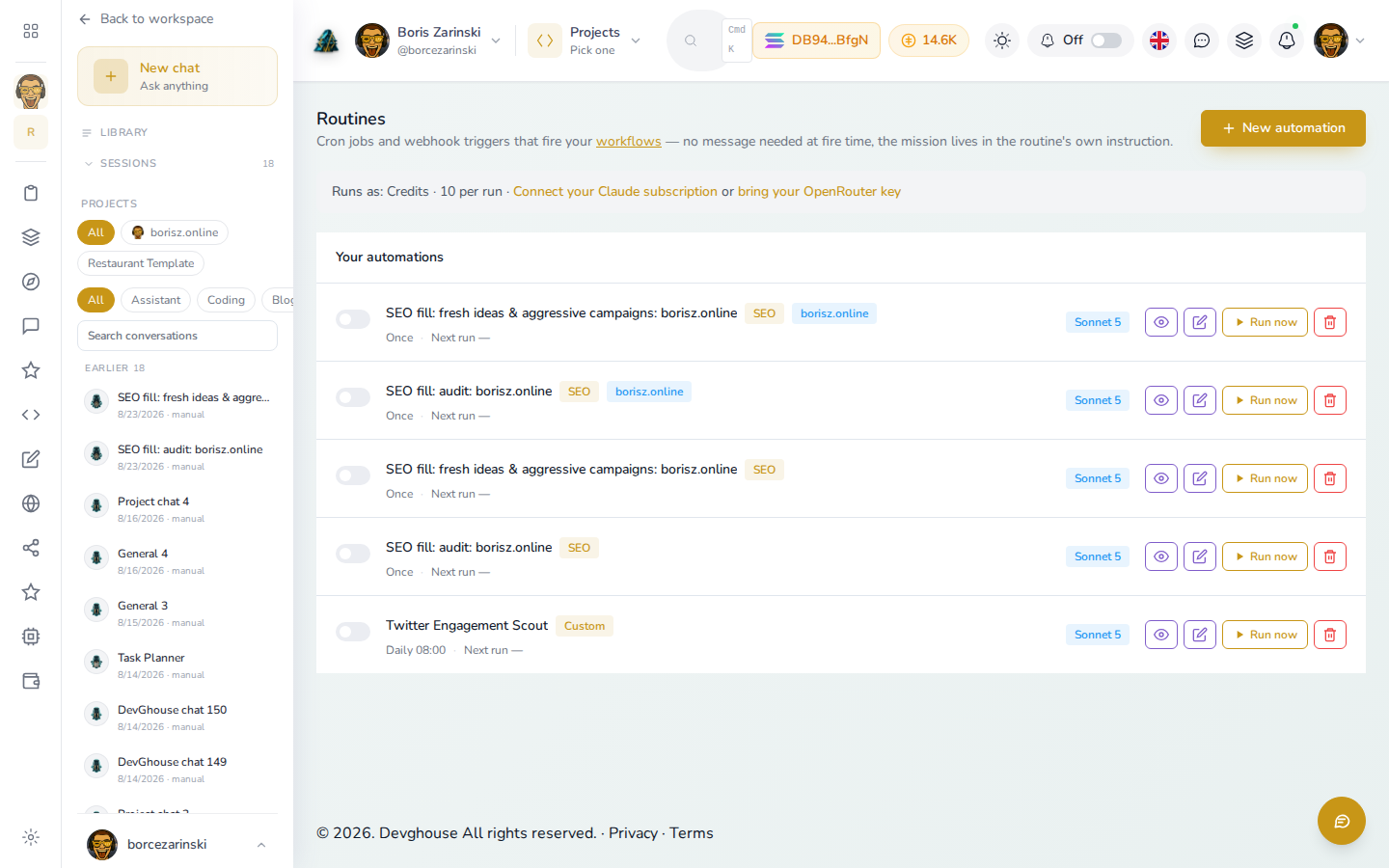 The routines list in the DevGhouse workspace
