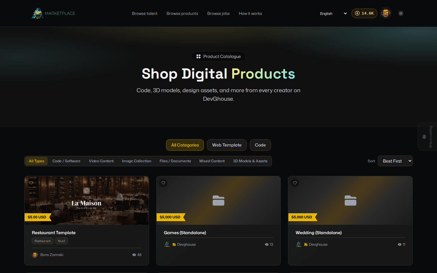 The product catalogue in the DevGhouse workspace