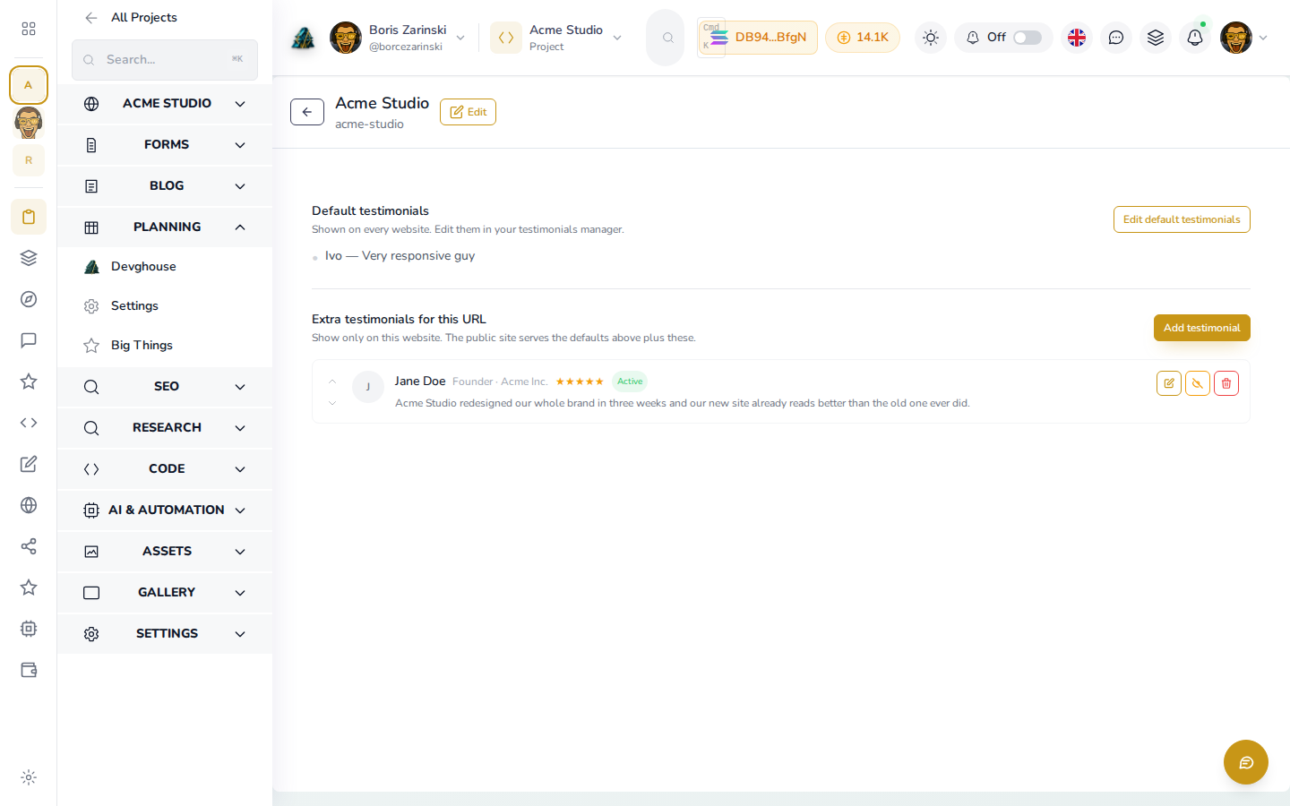 A testimonial being added for a website