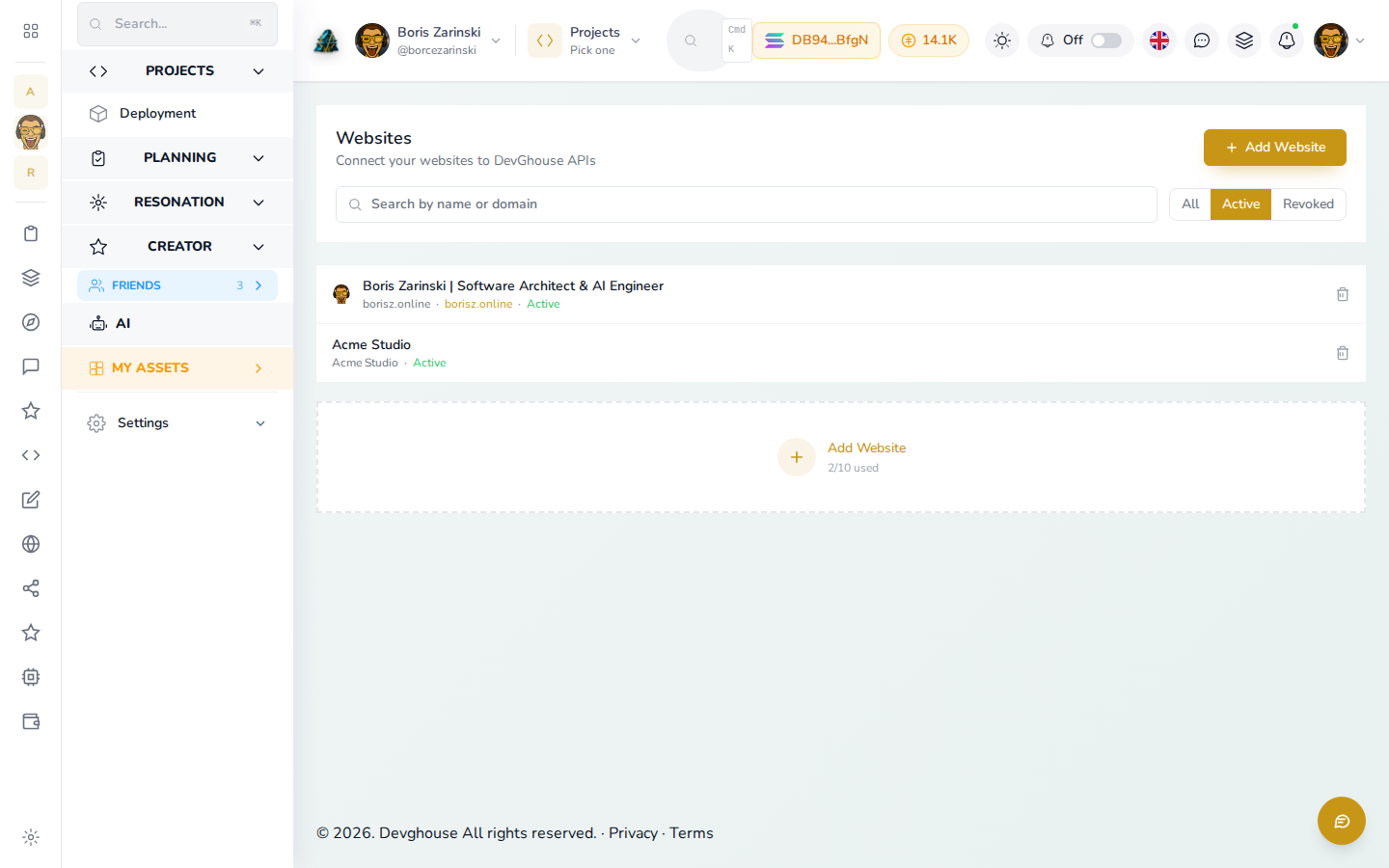 The Websites dashboard list showing a newly connected site